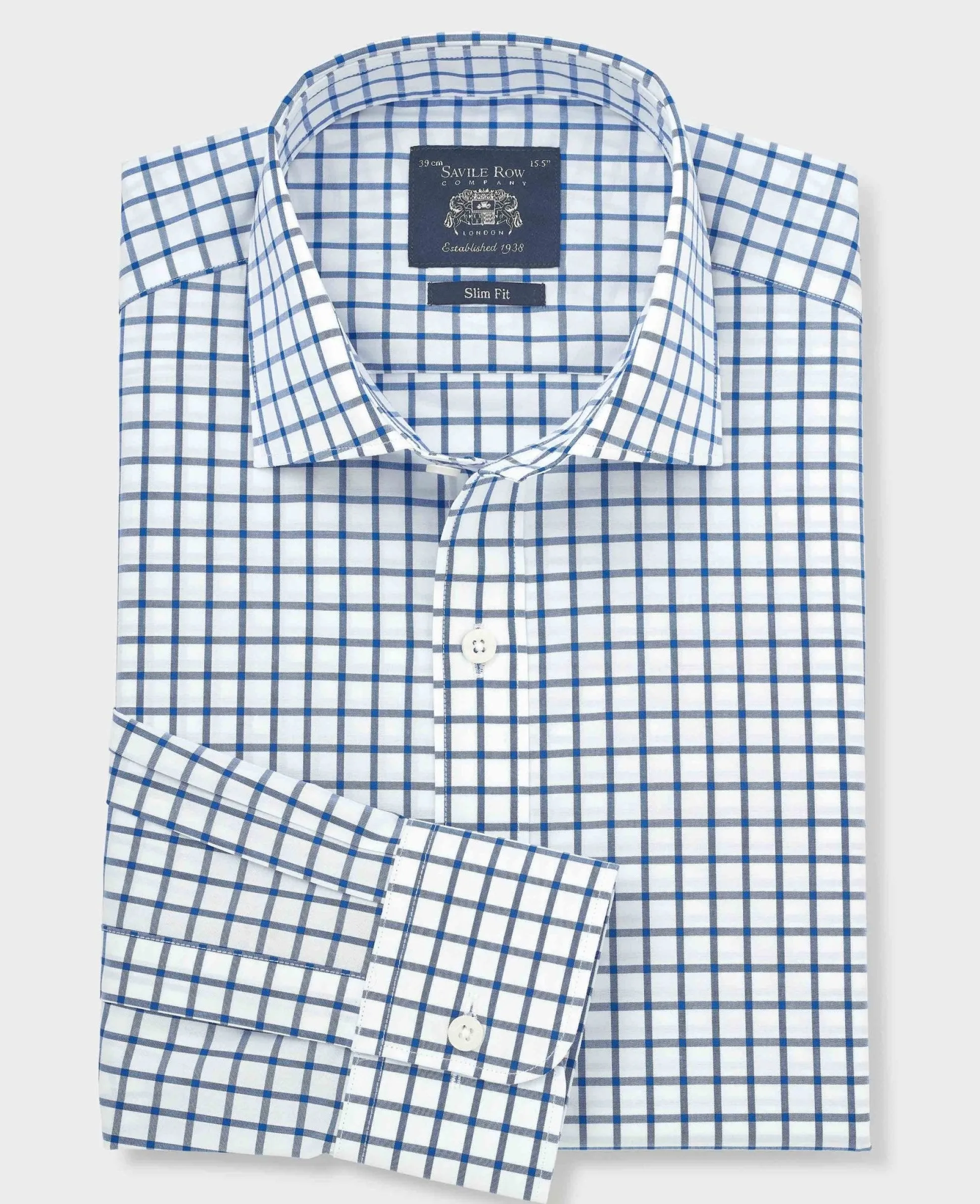 Blue White Cotton Poplin Window Check Slim Fit Formal Shirt - Single Cuff