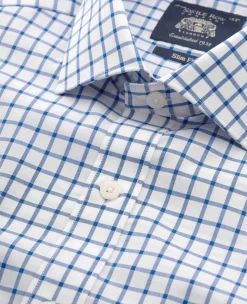 Blue White Cotton Poplin Window Check Slim Fit Formal Shirt - Single Cuff