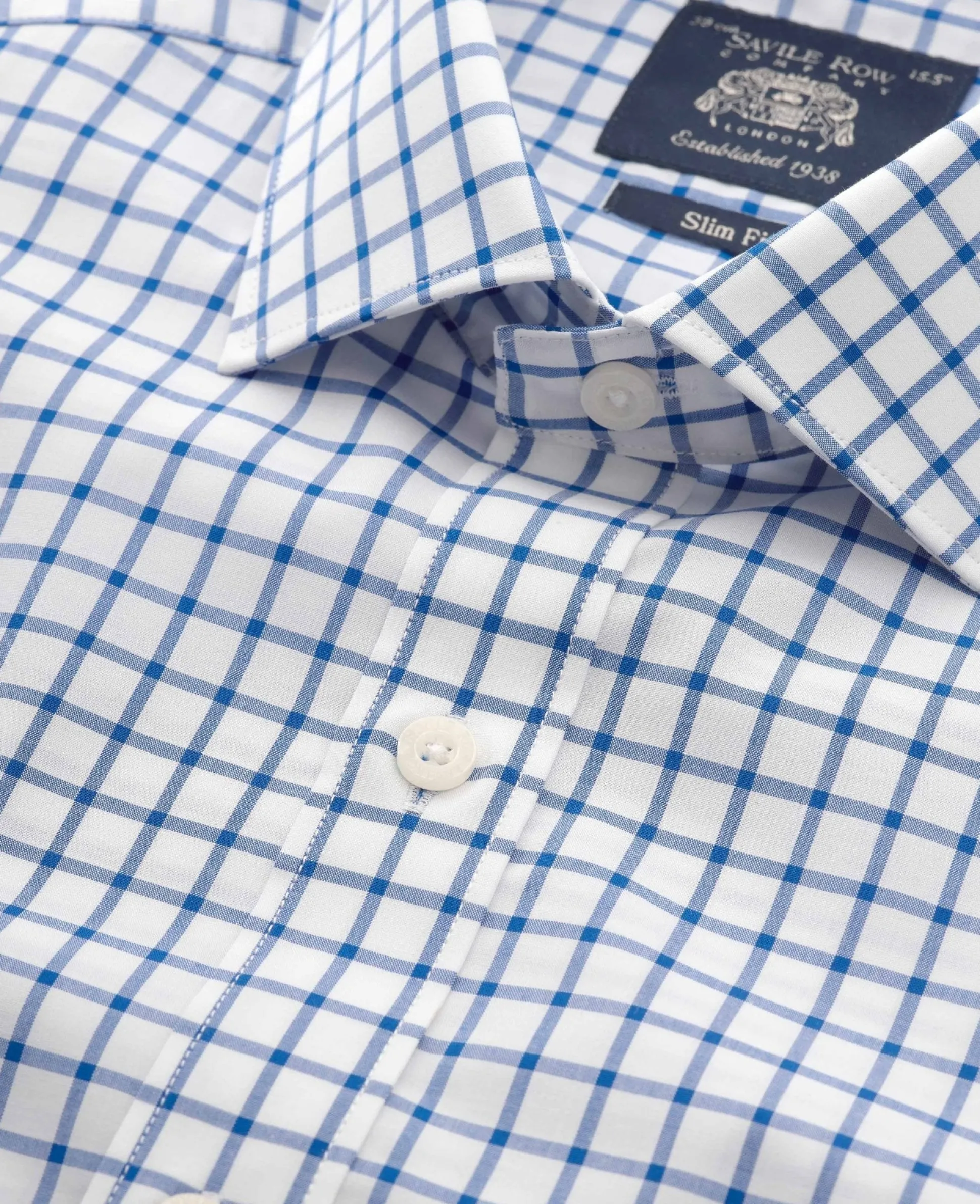 Blue White Cotton Poplin Window Check Slim Fit Formal Shirt - Single Cuff