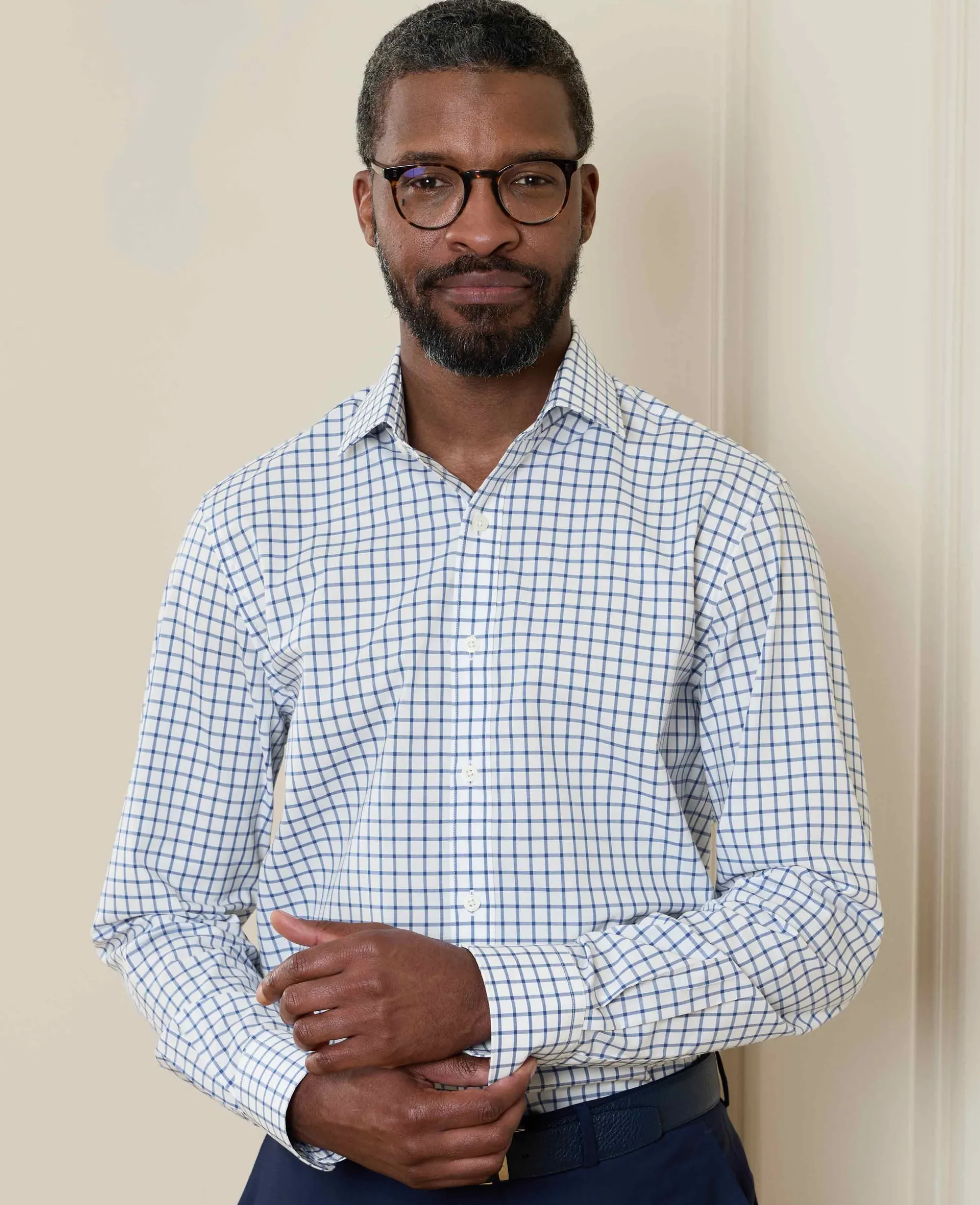 Blue White Cotton Poplin Window Check Slim Fit Formal Shirt - Single Cuff