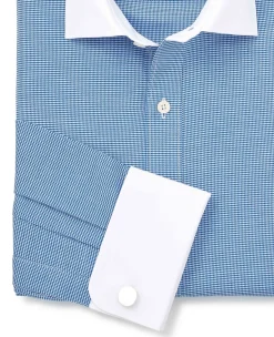 Blue White Cotton Puppytooth Slim Fit Winchester Formal Shirt - Double Cuff