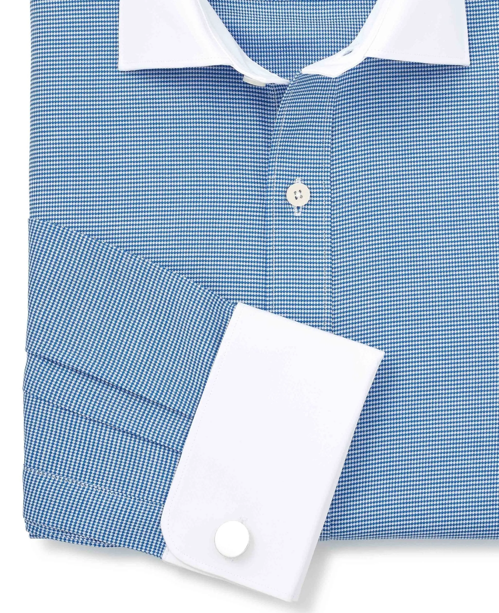 Blue White Cotton Puppytooth Slim Fit Winchester Formal Shirt - Double Cuff
