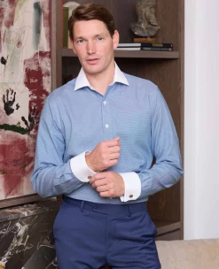 Blue White Cotton Puppytooth Slim Fit Winchester Formal Shirt - Double Cuff