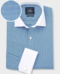 Blue White Cotton Puppytooth Slim Fit Winchester Formal Shirt - Double Cuff