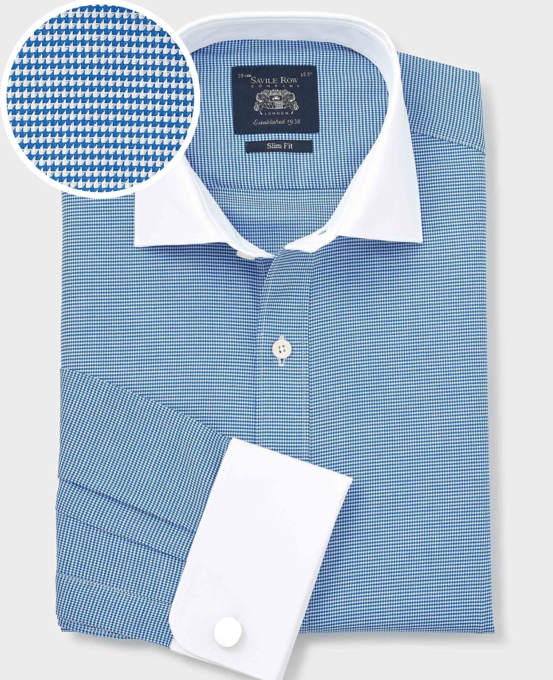 Blue White Cotton Puppytooth Slim Fit Winchester Formal Shirt - Double Cuff
