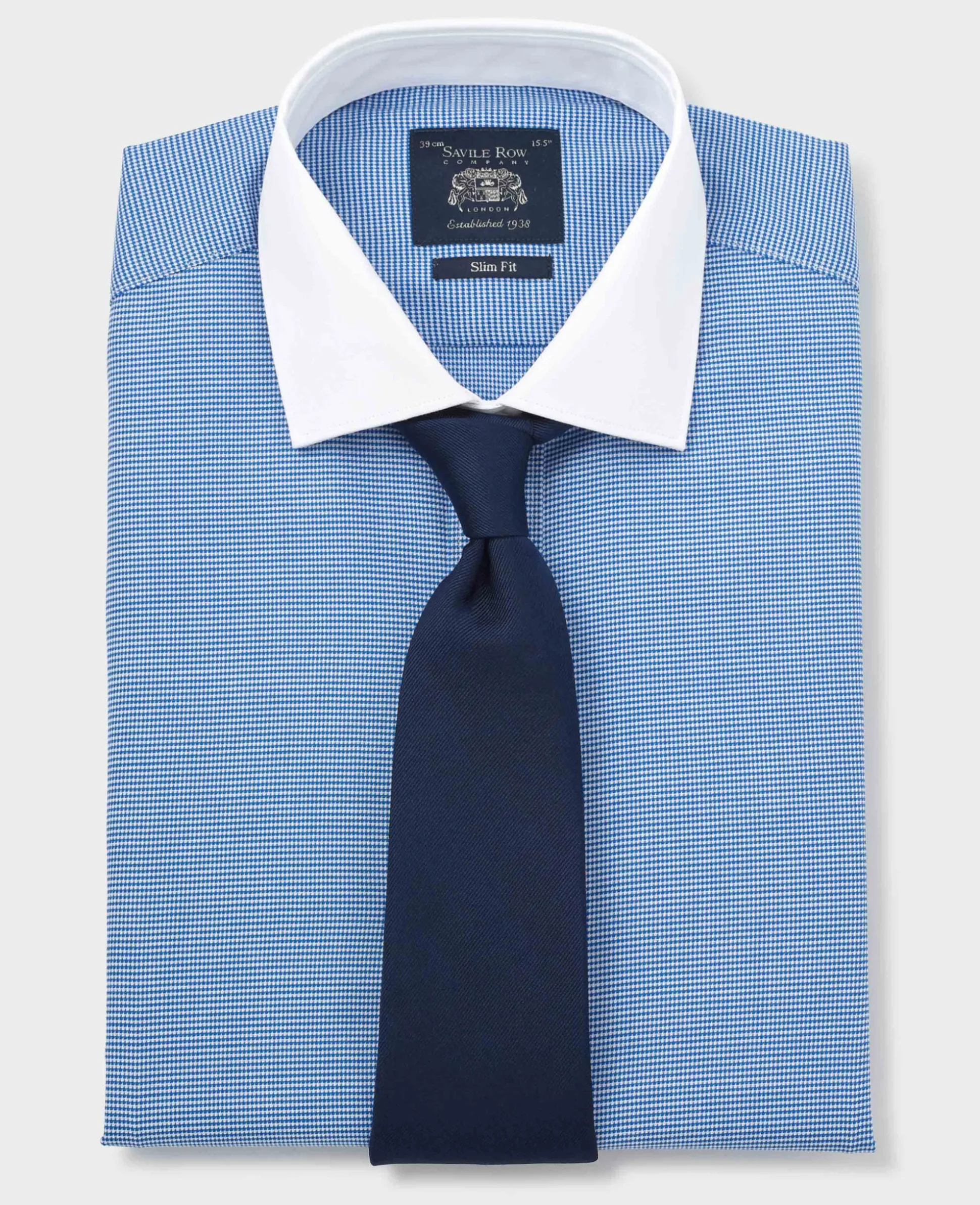 Blue White Cotton Puppytooth Slim Fit Winchester Formal Shirt - Double Cuff