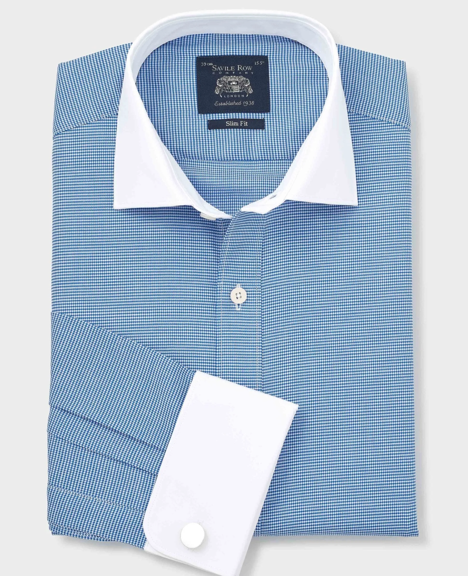Blue White Cotton Puppytooth Slim Fit Winchester Formal Shirt - Double Cuff