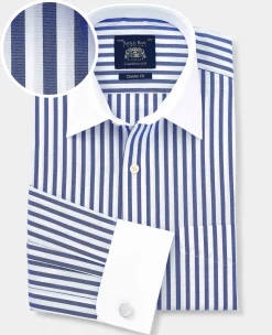 Blue White Cotton Striped Classic Fit Winchester Formal Shirt - Double Cuff