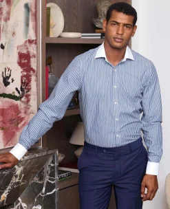 Blue White Cotton Striped Slim Fit Winchester Formal Shirt - Double Cuff