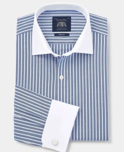 Blue White Cotton Striped Slim Fit Winchester Formal Shirt - Double Cuff