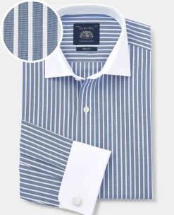 Blue White Cotton Striped Slim Fit Winchester Formal Shirt - Double Cuff
