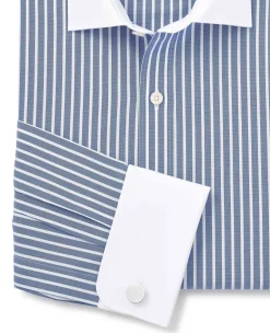 Blue White Cotton Striped Slim Fit Winchester Formal Shirt - Double Cuff