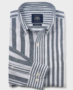 Blue White Linen Cotton Random Stripe Classic Fit Button-Down Casual Shirt