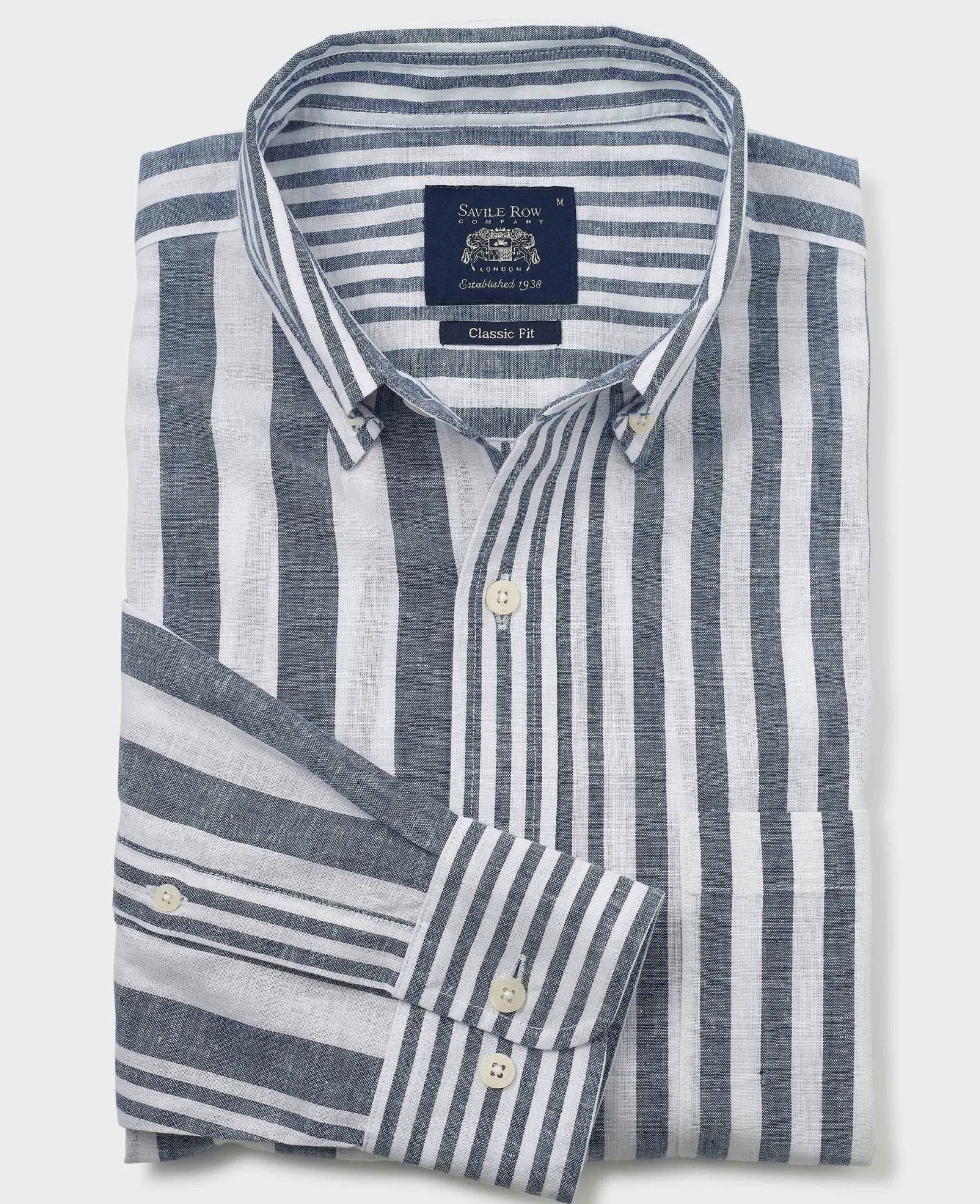 Blue White Linen Cotton Random Stripe Classic Fit Button-Down Casual Shirt