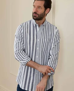 Blue White Linen Cotton Random Stripe Classic Fit Button-Down Casual Shirt