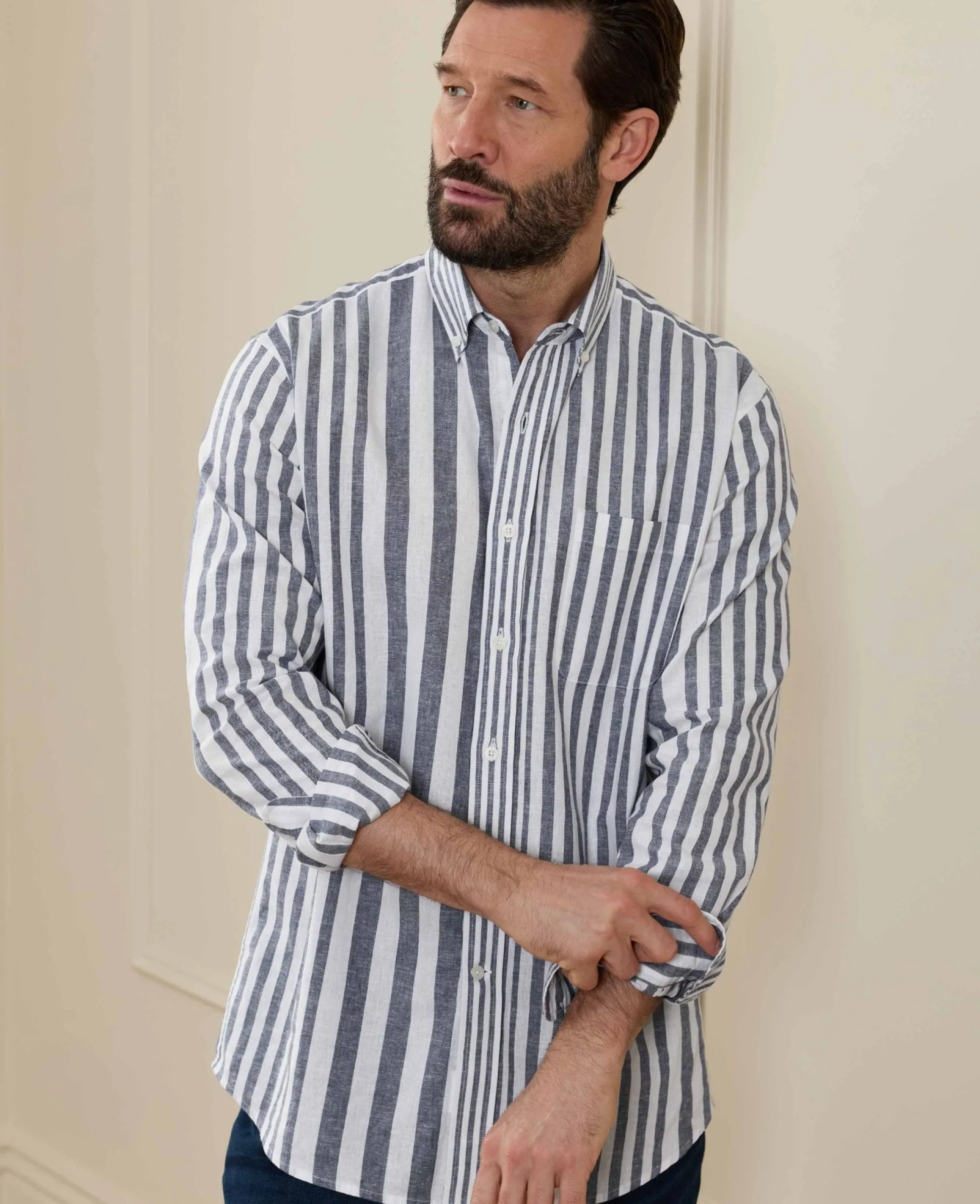Blue White Linen Cotton Random Stripe Classic Fit Button-Down Casual Shirt