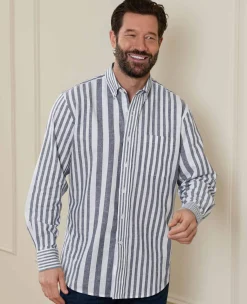 Blue White Linen Cotton Random Stripe Classic Fit Button-Down Casual Shirt