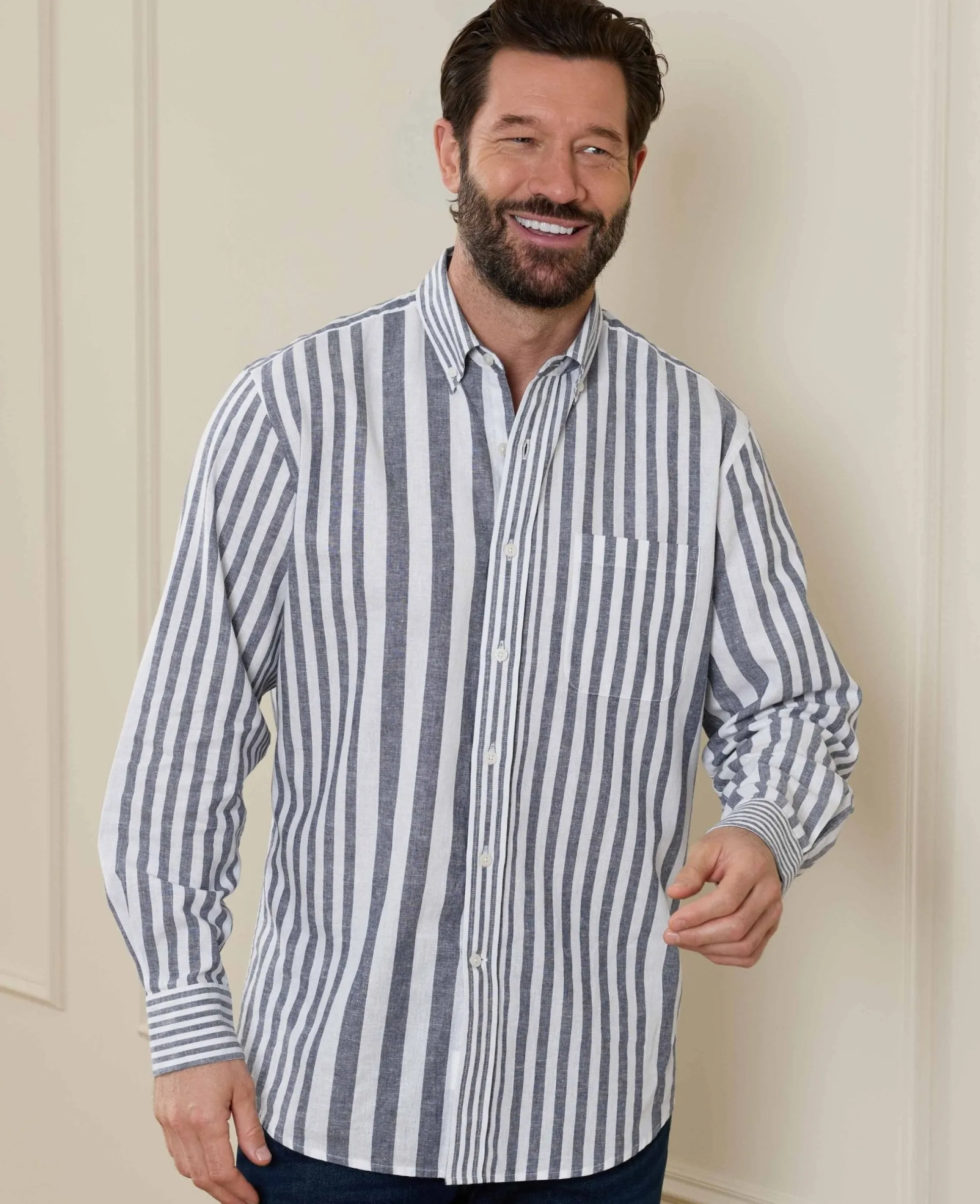 Blue White Linen Cotton Random Stripe Classic Fit Button-Down Casual Shirt