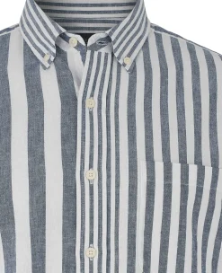 Blue White Linen Cotton Random Stripe Classic Fit Button-Down Casual Shirt