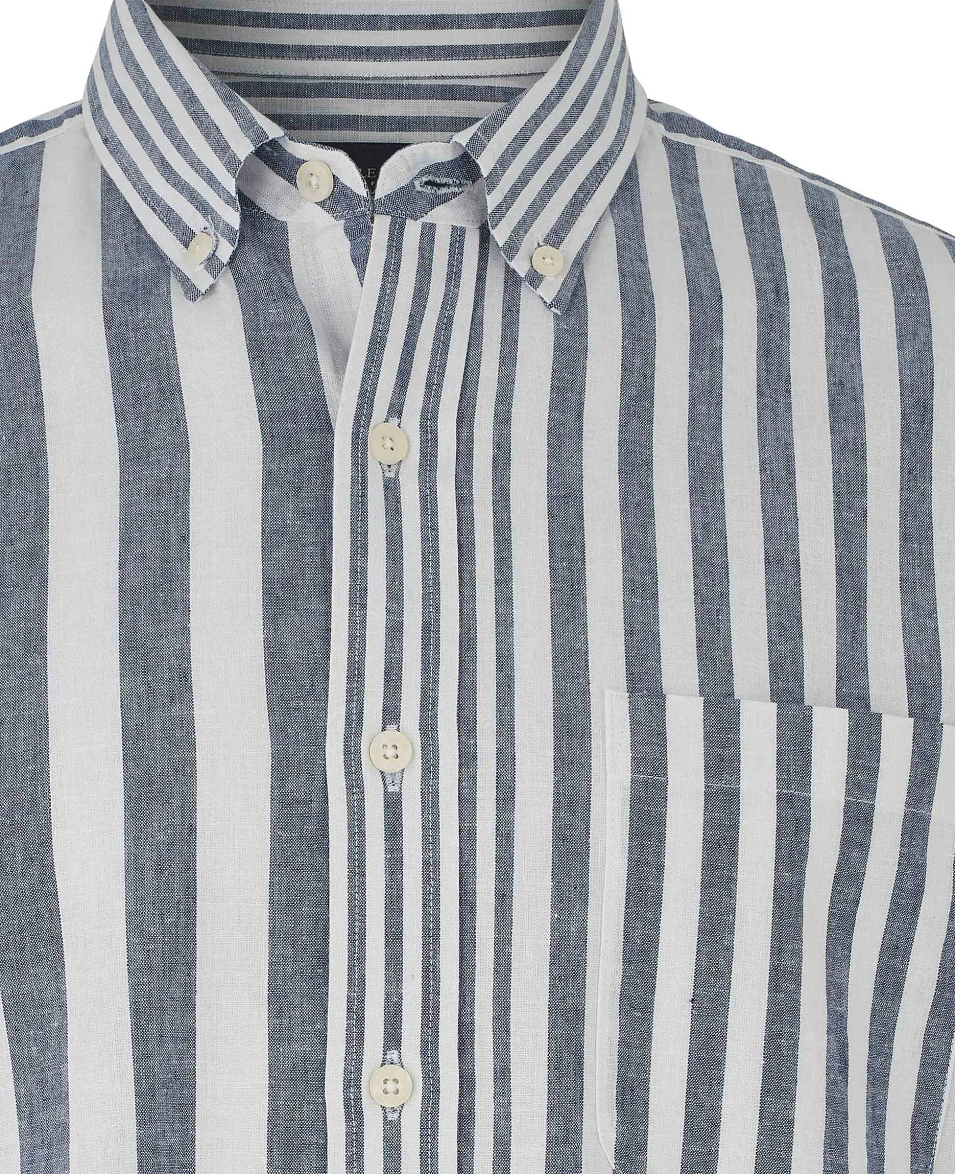 Blue White Linen Cotton Random Stripe Classic Fit Button-Down Casual Shirt