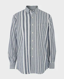 Blue White Linen Cotton Random Stripe Classic Fit Button-Down Casual Shirt