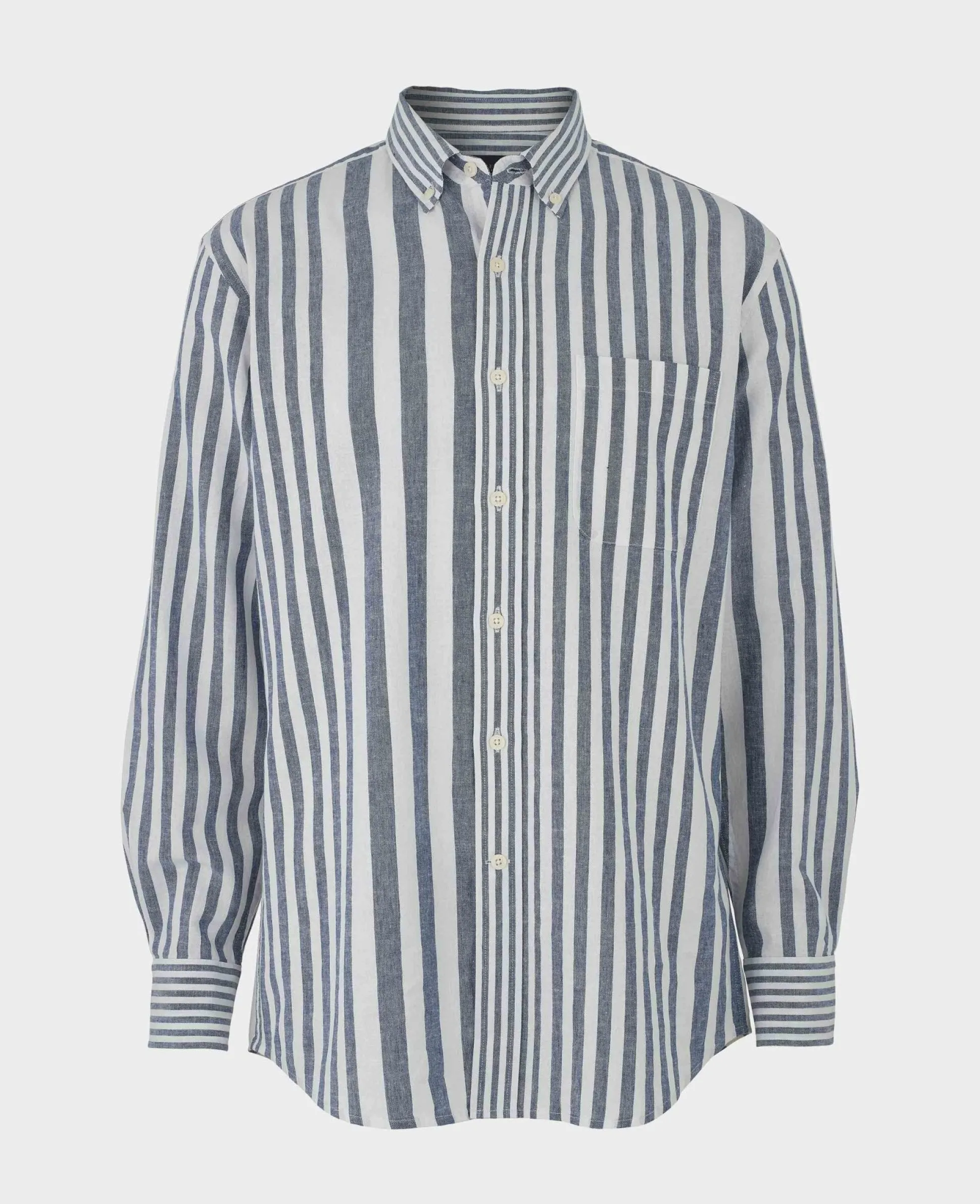 Blue White Linen Cotton Random Stripe Classic Fit Button-Down Casual Shirt