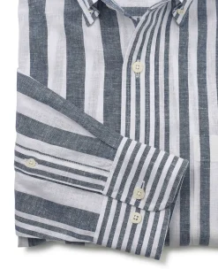 Blue White Linen Cotton Random Stripe Classic Fit Button-Down Casual Shirt