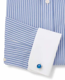 Blue White Stripe Classic Fit Non-Iron Formal Shirt With White Collar & Cuffs - Double Cuff