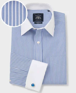 Blue White Stripe Classic Fit Non-Iron Formal Shirt With White Collar & Cuffs - Double Cuff