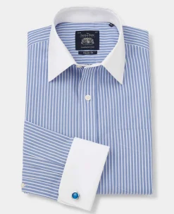 Blue White Stripe Classic Fit Non-Iron Formal Shirt With White Collar & Cuffs - Double Cuff