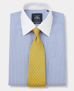 Blue White Stripe Classic Fit Non-Iron Formal Shirt With White Collar & Cuffs - Double Cuff
