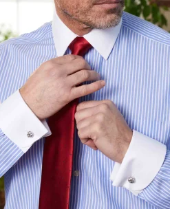 Blue White Stripe Classic Fit Non-Iron Formal Shirt With White Collar & Cuffs - Double Cuff