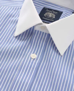 Blue White Stripe Classic Fit Non-Iron Formal Shirt With White Collar & Cuffs - Double Cuff
