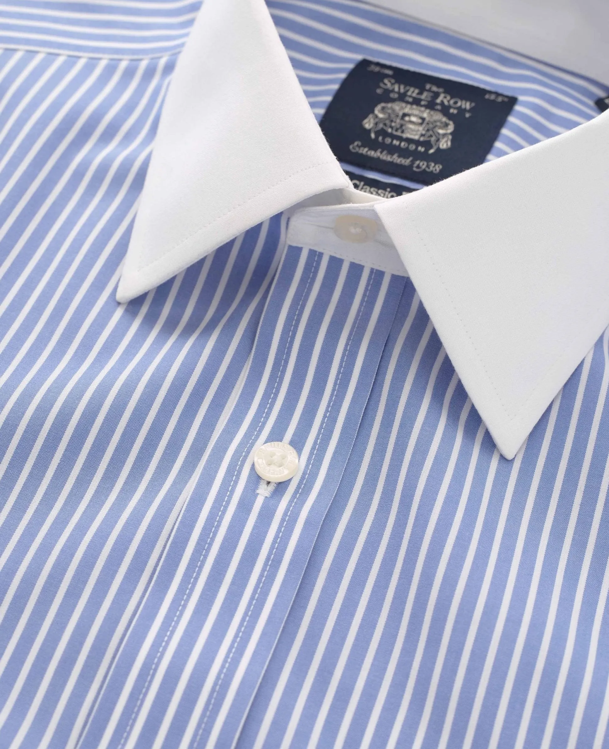 Blue White Stripe Classic Fit Non-Iron Formal Shirt With White Collar & Cuffs - Double Cuff