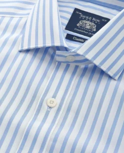 Blue White Stripe Cotton Poplin Classic Fit Formal Shirt - Single Cuff