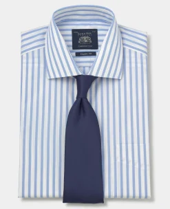 Blue White Stripe Cotton Poplin Classic Fit Formal Shirt - Single Cuff