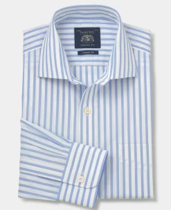 Blue White Stripe Cotton Poplin Classic Fit Formal Shirt - Single Cuff