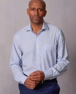 Blue White Stripe Cotton Poplin Classic Fit Formal Shirt - Single Cuff