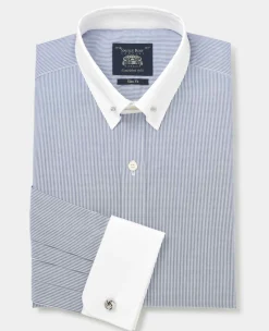 Blue White Stripe Poplin Slim Fit Pin Collar Winchester Formal Shirt - Double Cuff