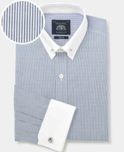 Blue White Stripe Poplin Slim Fit Pin Collar Winchester Formal Shirt - Double Cuff