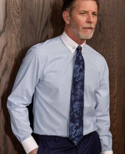 Blue White Stripe Poplin Slim Fit Pin Collar Winchester Formal Shirt - Double Cuff