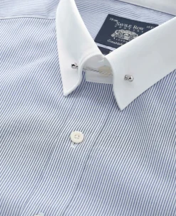 Blue White Stripe Poplin Slim Fit Pin Collar Winchester Formal Shirt - Double Cuff