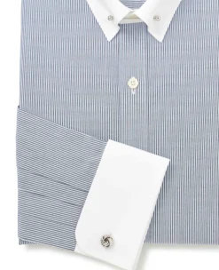 Blue White Stripe Poplin Slim Fit Pin Collar Winchester Formal Shirt - Double Cuff