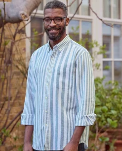 Blue White Variegated Stripe Cotton Linen Classic Fit Button-Down Casual Shirt