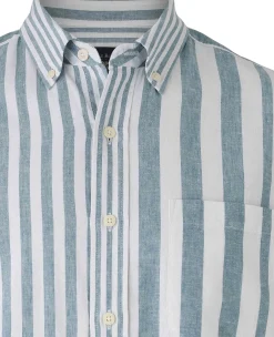 Blue White Variegated Stripe Cotton Linen Classic Fit Button-Down Casual Shirt
