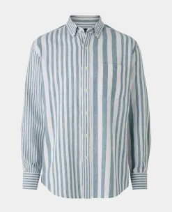 Blue White Variegated Stripe Cotton Linen Classic Fit Button-Down Casual Shirt