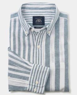 Blue White Variegated Stripe Cotton Linen Classic Fit Button-Down Casual Shirt