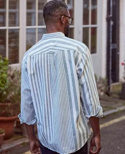 Blue White Variegated Stripe Cotton Linen Classic Fit Button-Down Casual Shirt