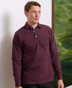 Burgundy Cotton Pique Long Sleeve Polo Shirt