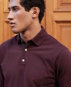 Burgundy Cotton Pique Long Sleeve Polo Shirt